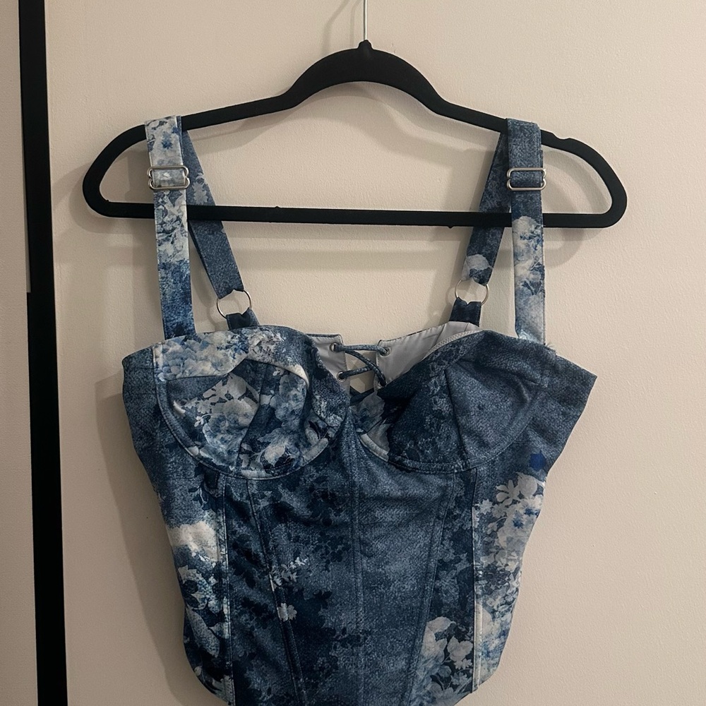 White Fox Boutique Blue Floral Denim Corset Top